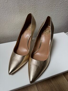 Vince Camuto Gold Leather Pointed-Toe Pumps